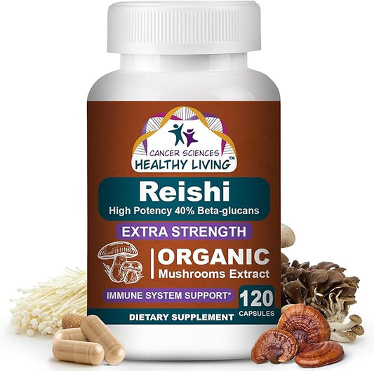 CANCER SCIENCES Reishi Wellness Mushroom Supplement Capsules, USDA Certified Organic Mushrooms Extract, Extra Strength 1,500 mg, High Potency 40% Beta-Glucans, Immune Support, Anti-aging, 120 Capsules