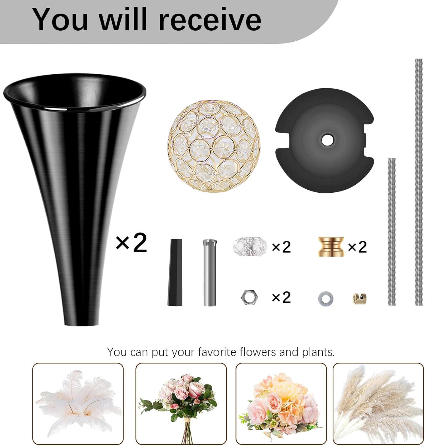 VIJIV Black Tall Crystal Flower Vases for Centerpiece - 28'' Large Trumpet Vase for Bouquet Skinny Decorative, Floor Vase Flower Stand for Party Event, Dining Table Décor, Bridal Shower, Wedding