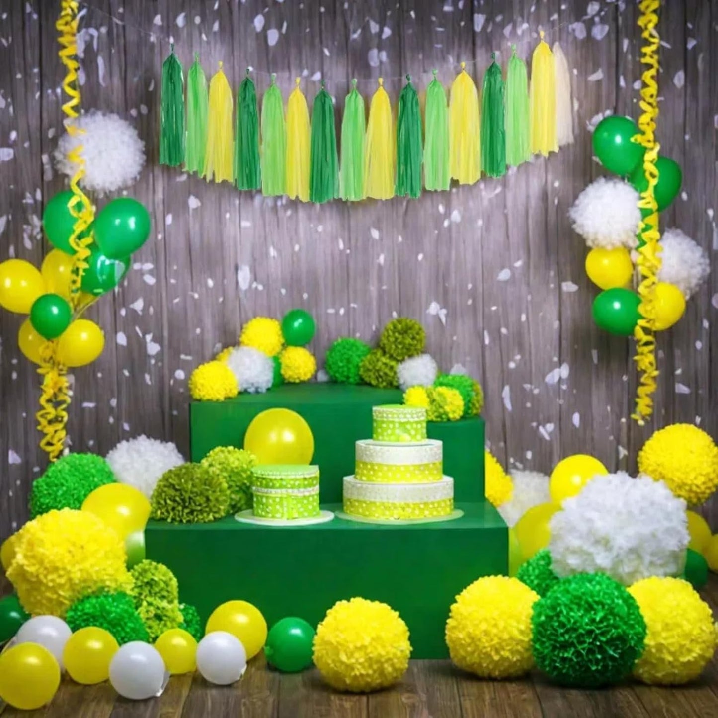 Green Light Green and Yellow Tassel Garland Banner Paper Tassels for Party Decorations,Pack of 15