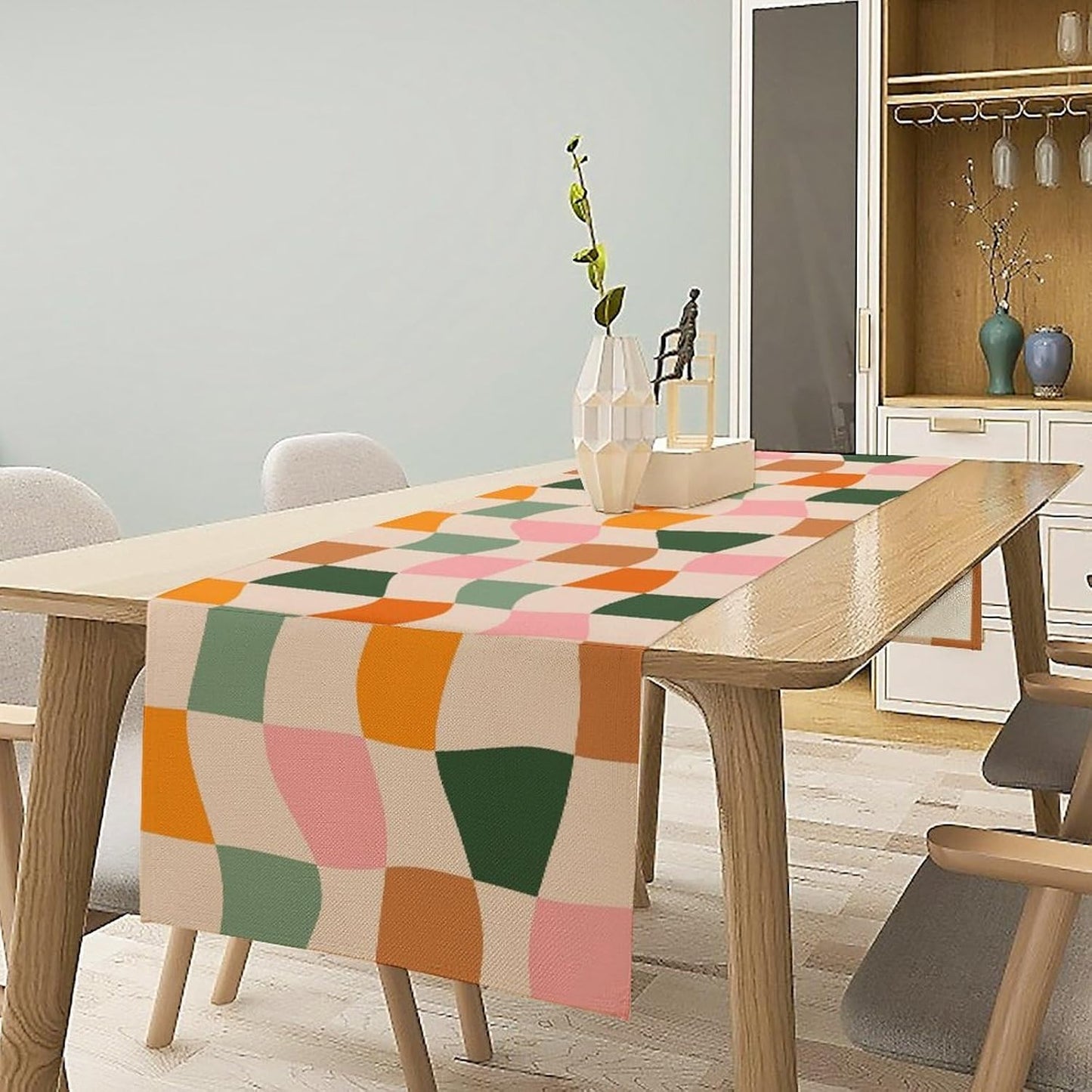 Hippie Table Runner, Vintage Geometric Square Orange Green Pink Grid 60s 70s Style Kitchen Dining Room Decor for Indoor Outdoor Wedding Party Table Runner 13x70 Inch
