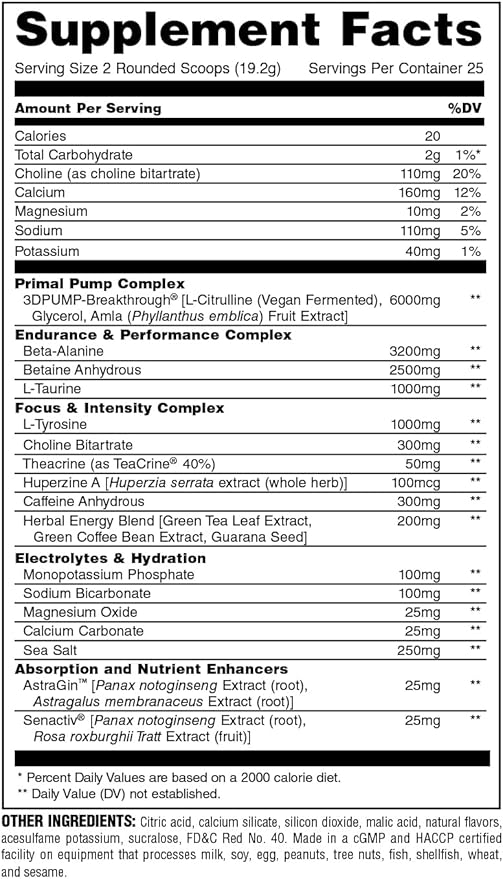 Animal Primal Muscle Hydration + Preworkout Powder – Contains Beta Alanine, 3DPump, Caffeine & Electrolytes – Improves Energy, Focus, Endurance & Absorption – New Dragon Berry Flavor, 16.9 oz