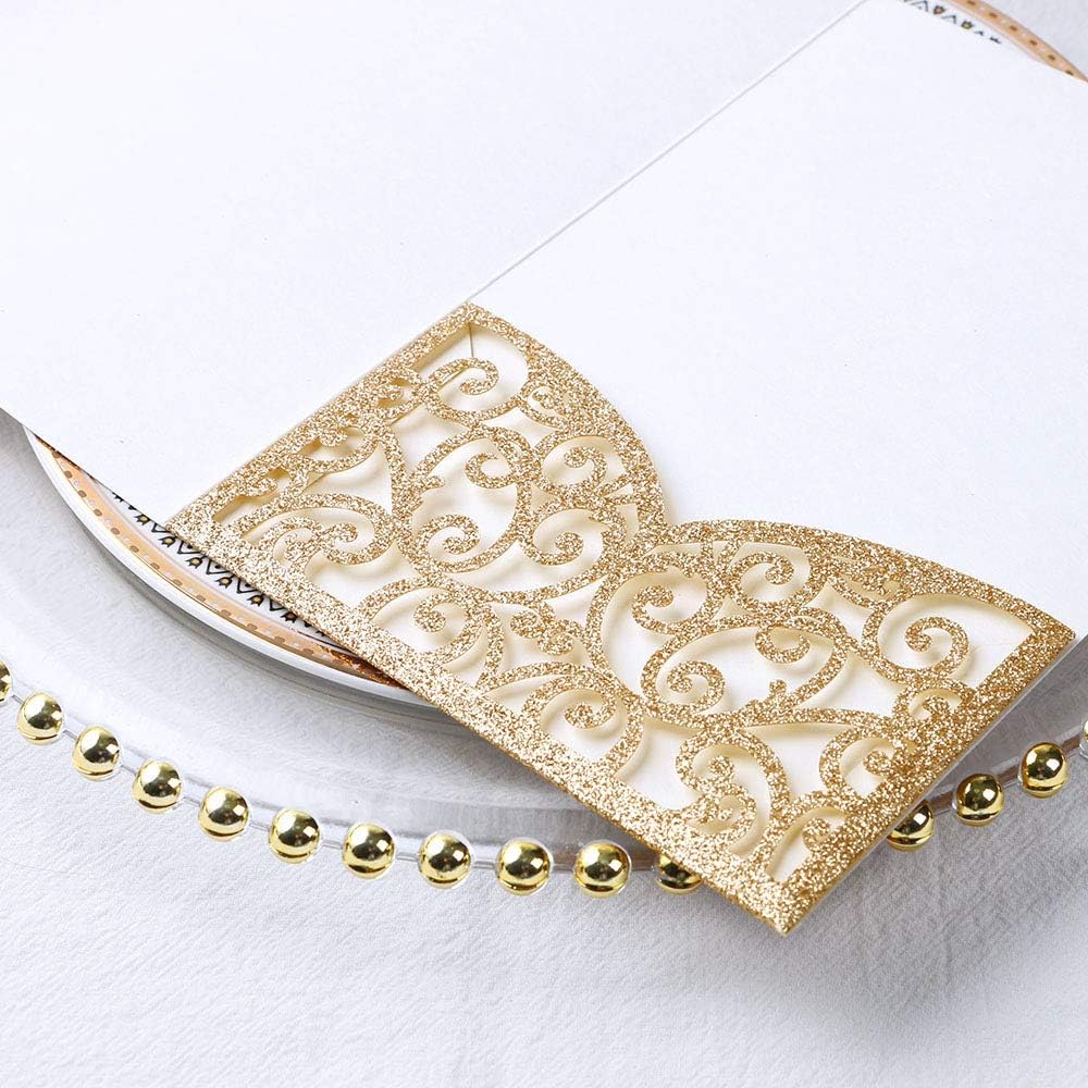 ponatia 5.12 x 7.2 Laser Cut Invitation Pocket, 20PCS Tri-Fold 5 x 7 Laser Cut Wedding Invitation Pockets with Envelopes for Wedding Bbay Shower Birthday Invite (Gold Glitter, No Inner Sheet)