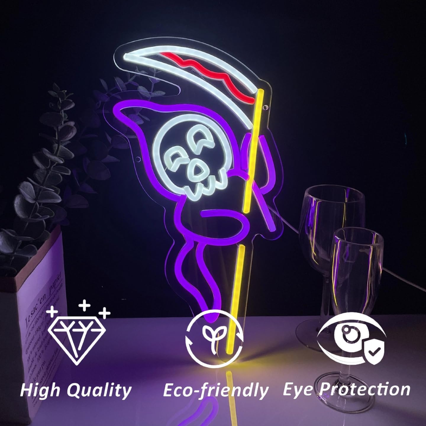 Grim Reaper Neon Sign Halloween, USB Halloween Neon LED Light for Wall Decor, Grim Reaper Ghost Halloween Sign Decorations for Home Bar Salon Coffee Stores Porch Front Door