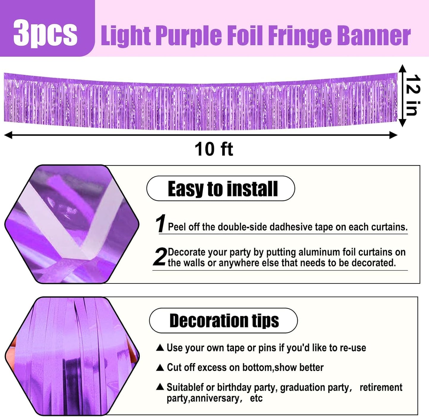 3 Pack 10 Feet Light Purple Foil Fringe Garland Metallic Tinsel Streamers Banner Wall Hanging Curtain Backdrop for Parade Floats, Christmas, Thanksgiving, Birthday Party Decorations