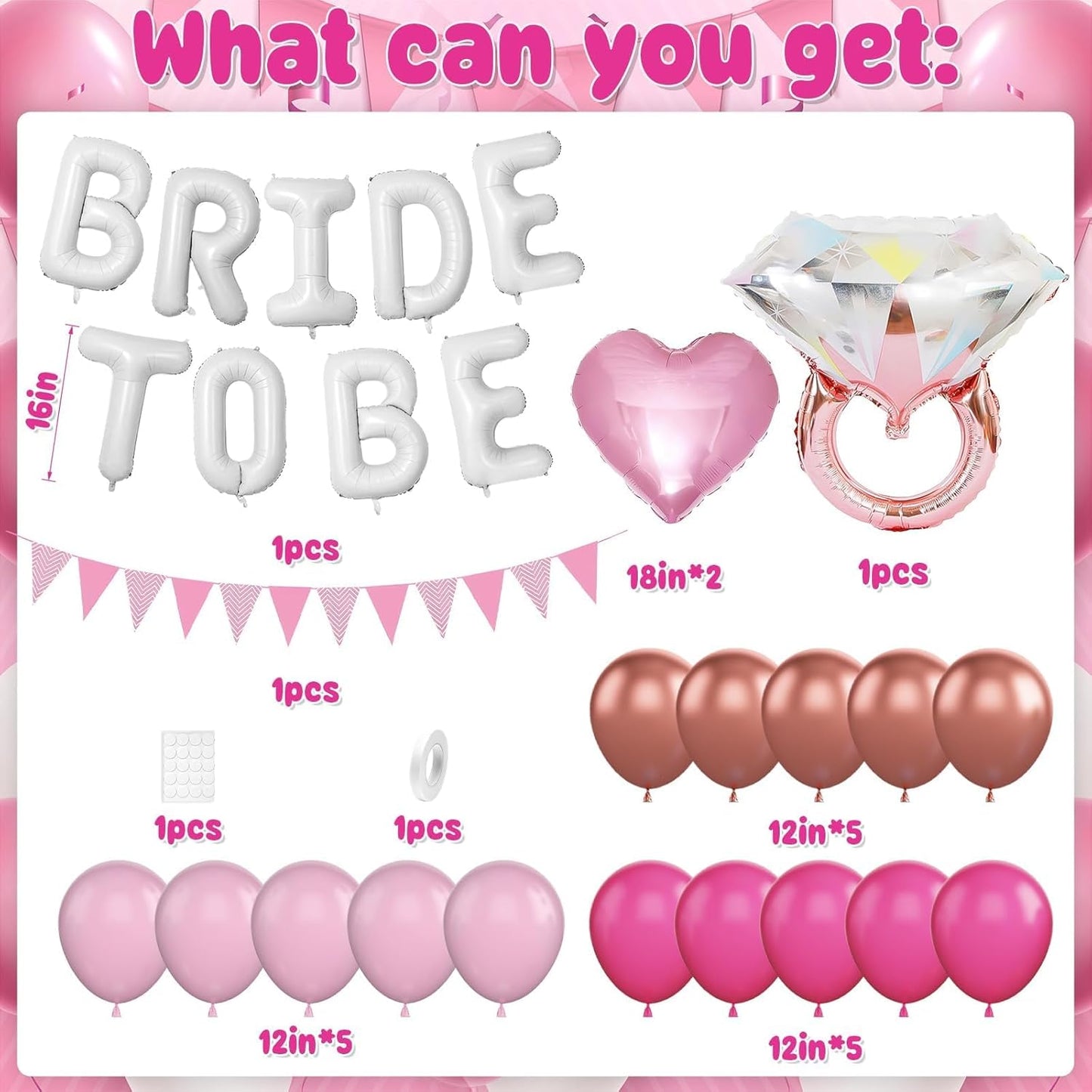 Pink White Bachelorette Party Decorations, White Bride To Be Bridal Shower Balloons Decorations, Hot Pink Rose Gold Balloons with Diamond Ring Cream Heart Balloons for Bachelorette Engagement Wedding