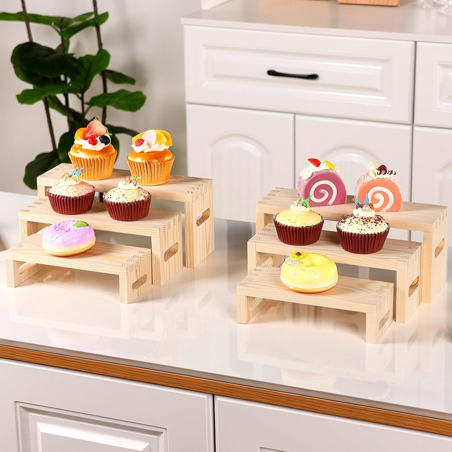 6 Pcs Wood Risers Display Stands, 2 Set Wooden Risers for Table Display, 3 Tier Rectangular Riser Display Stand Wooden for Cupcake, Desserts, Perfume, Collections, Jewelry Showcase (Nature)