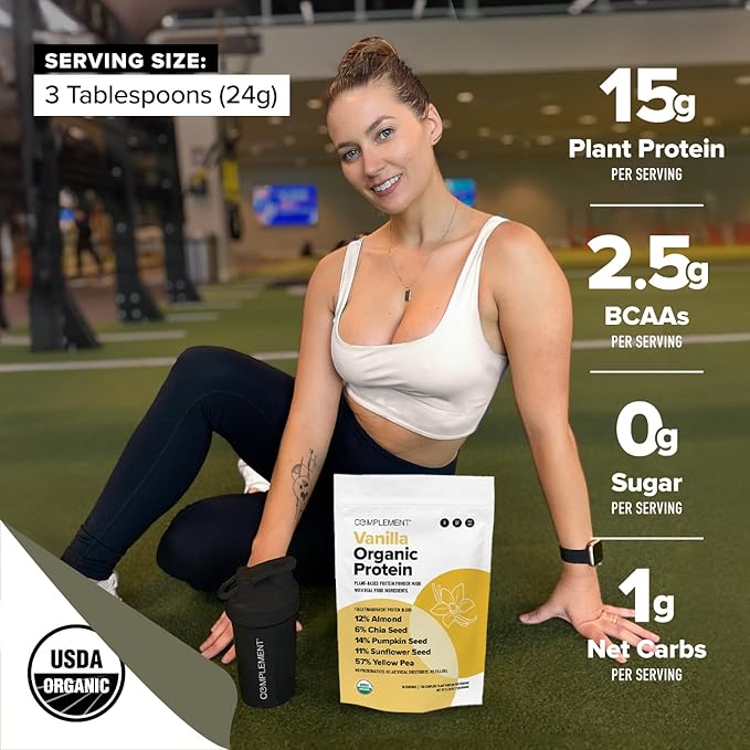 Complement Organic Vanilla Vegan Protein Powder (15 Servings) Low Carb, Low Calorie, Sugar Free, Soy Free, Non-GMO, Gluten Free, Non Dairy- Yellow Pea, Pumpkin Seed- 15g Plant Based Protein Powder