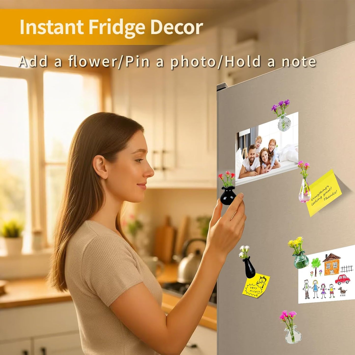 Magnetic Bud Vase Set – Mini Ceramic & Glass Vases with Strong Magnet for Fridge & Whiteboard – Decorative Small Flower Vases for Kitchen, Home or Office Décor for Women (Glass)