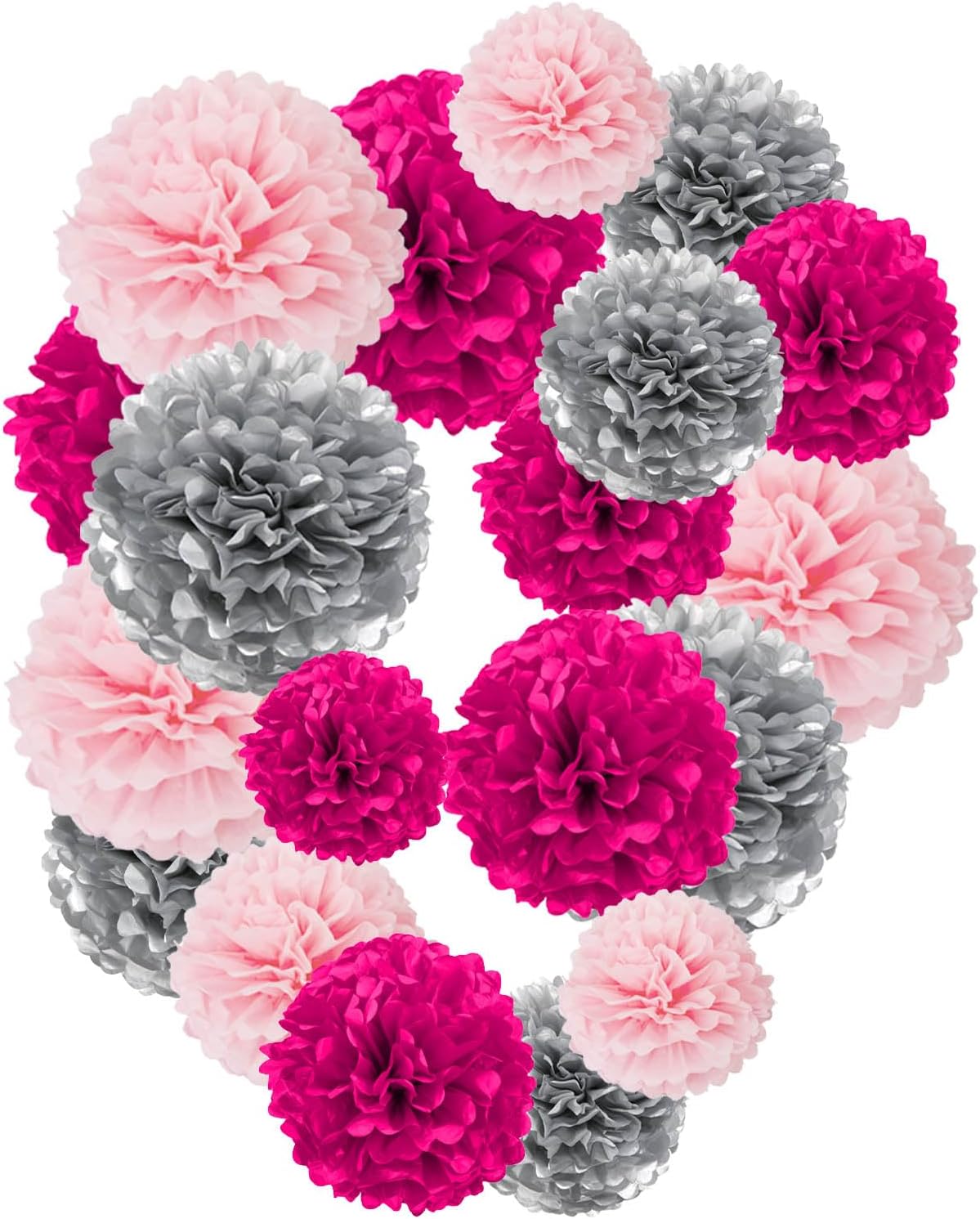 Rose Red Pink and Silver Paper Pom Poms,10",12" Tissue Pom Poms for Party Hanging Decorations - 12 PCS