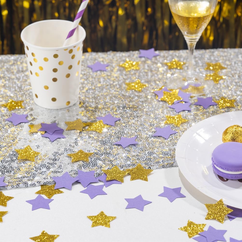 Gold and Purple Star Confetti Table Decoration for Graduation Birthday Retirement Wedding Pride Theme Party,1.2 inch in Diameter,200 Counts