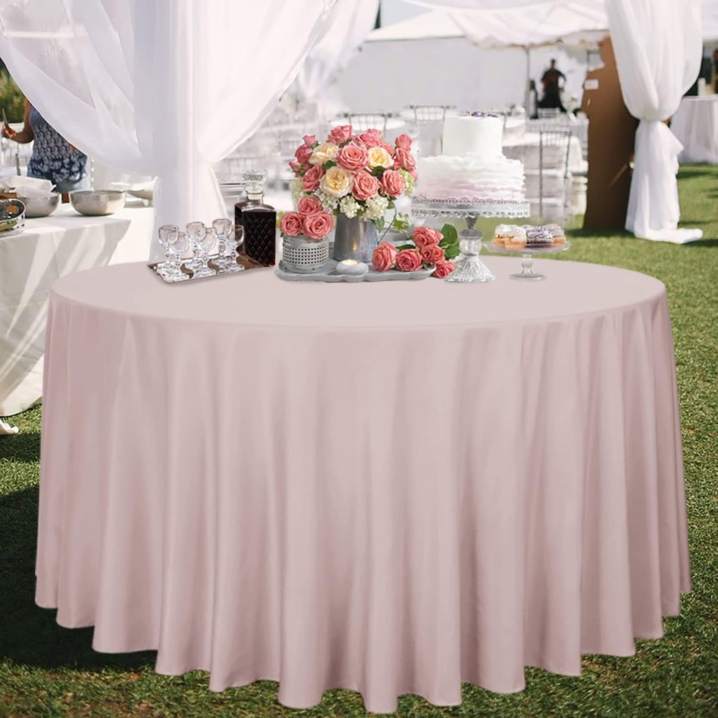 sancua Round Tablecloth - 108 Inch - Water Resistant Spill Proof Washable Polyester Table Cloth Decorative Fabric Table Cover for Dining Tables, Buffet Parties and Camping, Blush