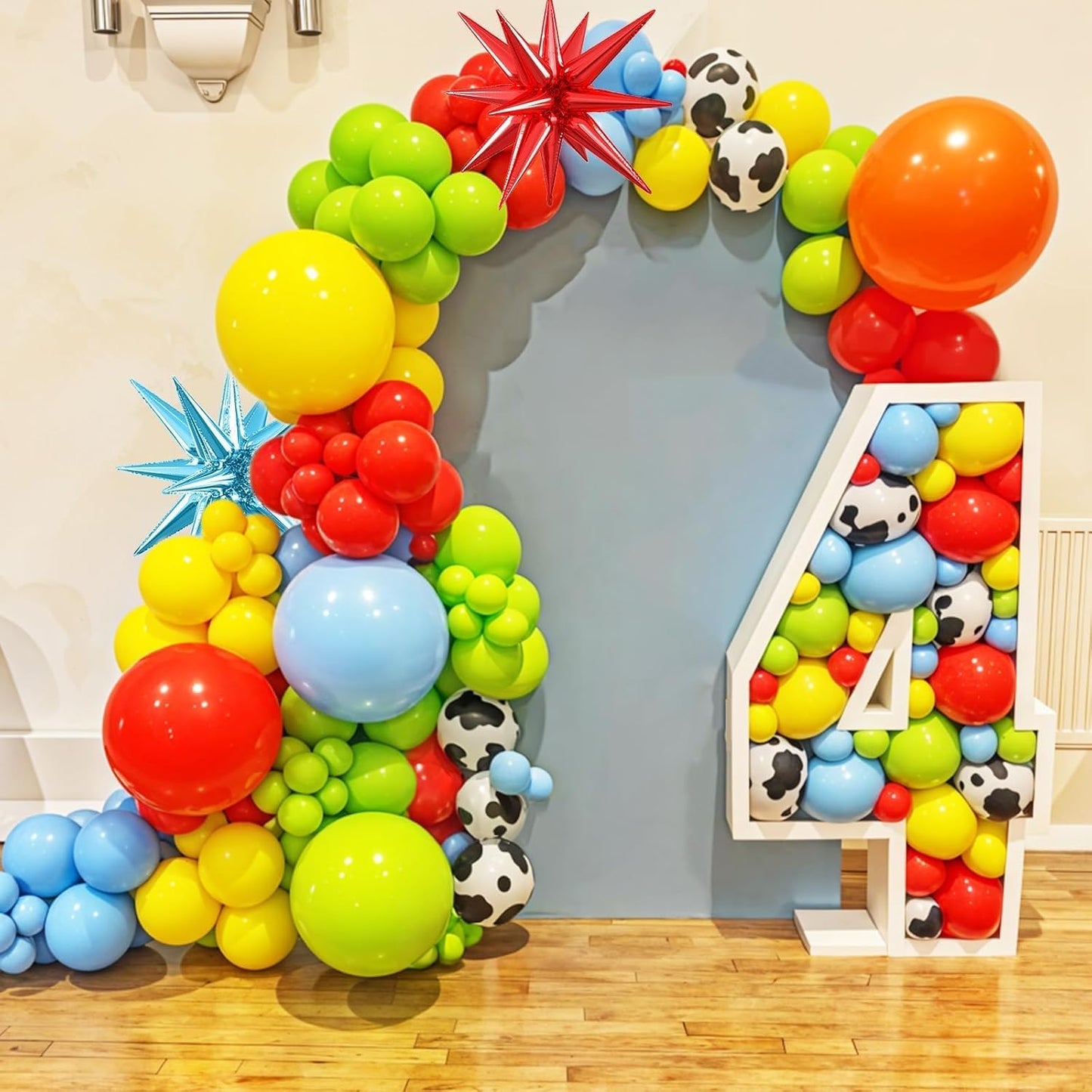 Red Blue Yellow Balloons, 12 Inch Cow Pattern Cloud Light Blue Yellow Red Fruit Green Balloons with Star Foil Balloon for Boys Girls Baby Shower Party Birthday Decorations