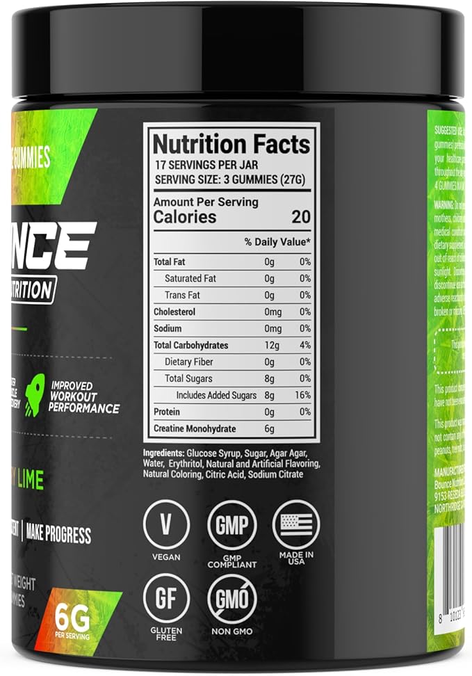 Bounce Pro Creatine Monohydrate Gummies for Men & Women, Low Calorie, 6G of Creatine per Serving, Vegan, Anti-Melting, Gluten-Free, Non-GMO, 2g of Creatine per Gummy (51ct, Cherry Lime)
