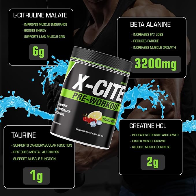 X-CITE Pre-Workout by ATHLEAN-X - Enhanced Formula with Beta-Alanine, Creatine & Caffeine for Ultimate Energy, Endurance, Focus & Muscle Pump, NSF Certified for Sports (22 Servings, Sour Green Apple)
