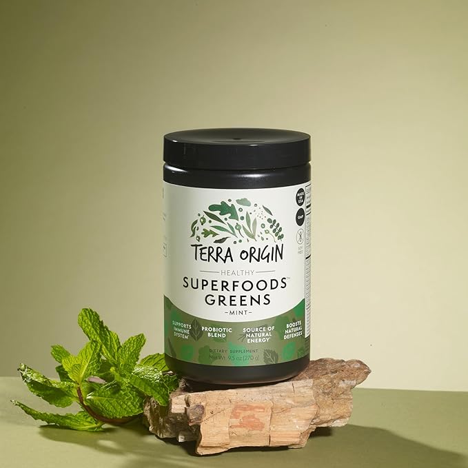 TERRA ORIGIN Healthy Superfood Greens Powder Drink with Probiotics & Ashwagandha | Adaptogen & Digestive Enzyme Fruit and Veggie Blend | for Gut Health, Energy, Immune Support | 30 Servings | Mint