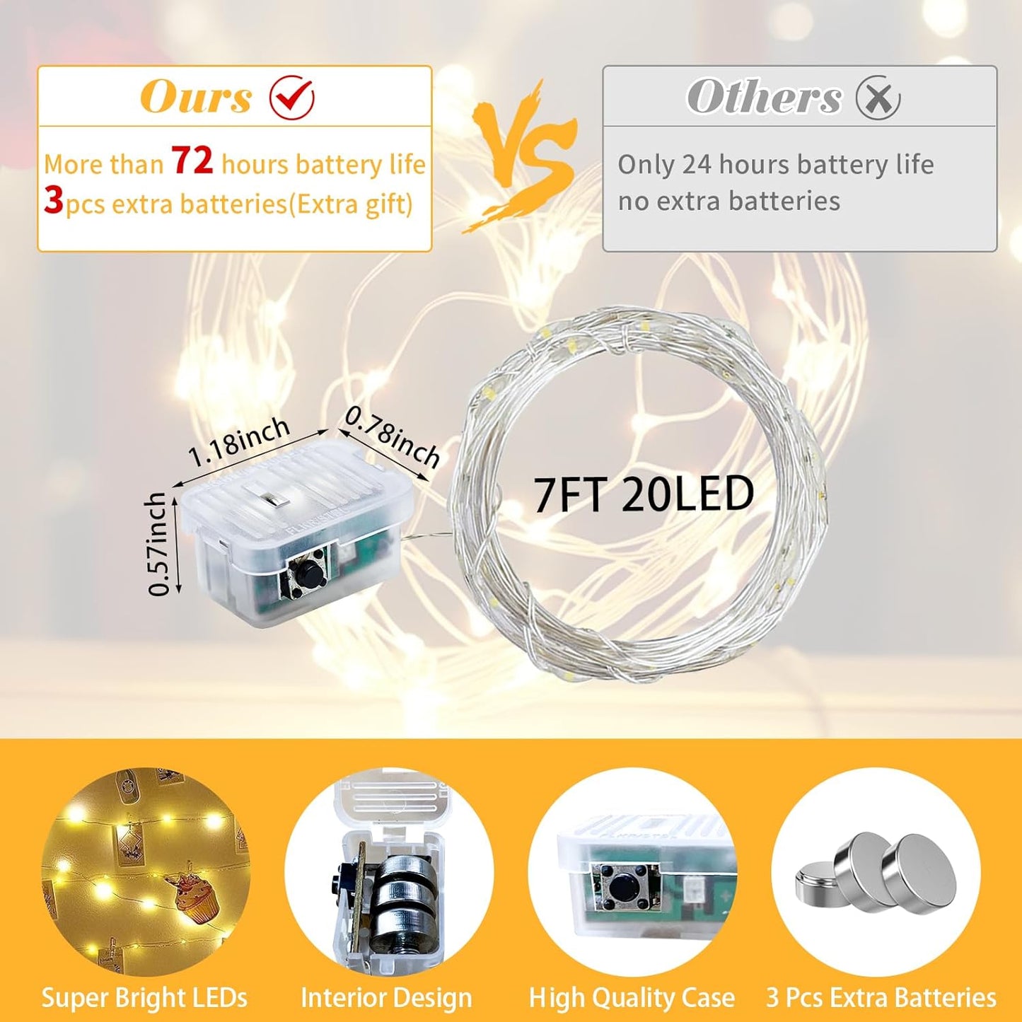 50 Pack Fairy Lights 7Ft 20 LED Twinkle String Lights 3 Modes Battery Operated Waterproof Firefly Starry for Mason Jar Party Wedding Christmas Valentines Day Table Centerpieces,Warm White