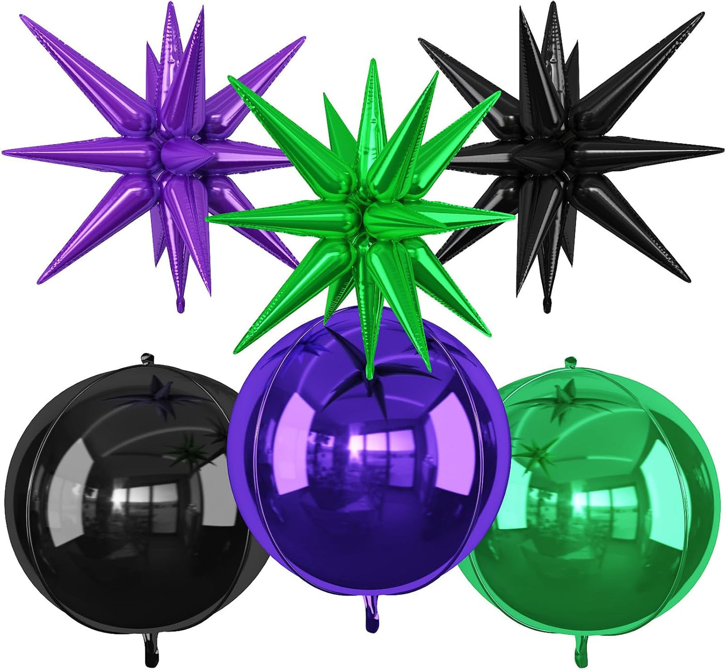 6Pcs Black Purple Green Foil Balloons,22Inch Black Green Purple 4D Round Ball Balloon and Explosion Star Balloon for Halloween Birthday Wedding Baby Shower Anniversary Party Decorations