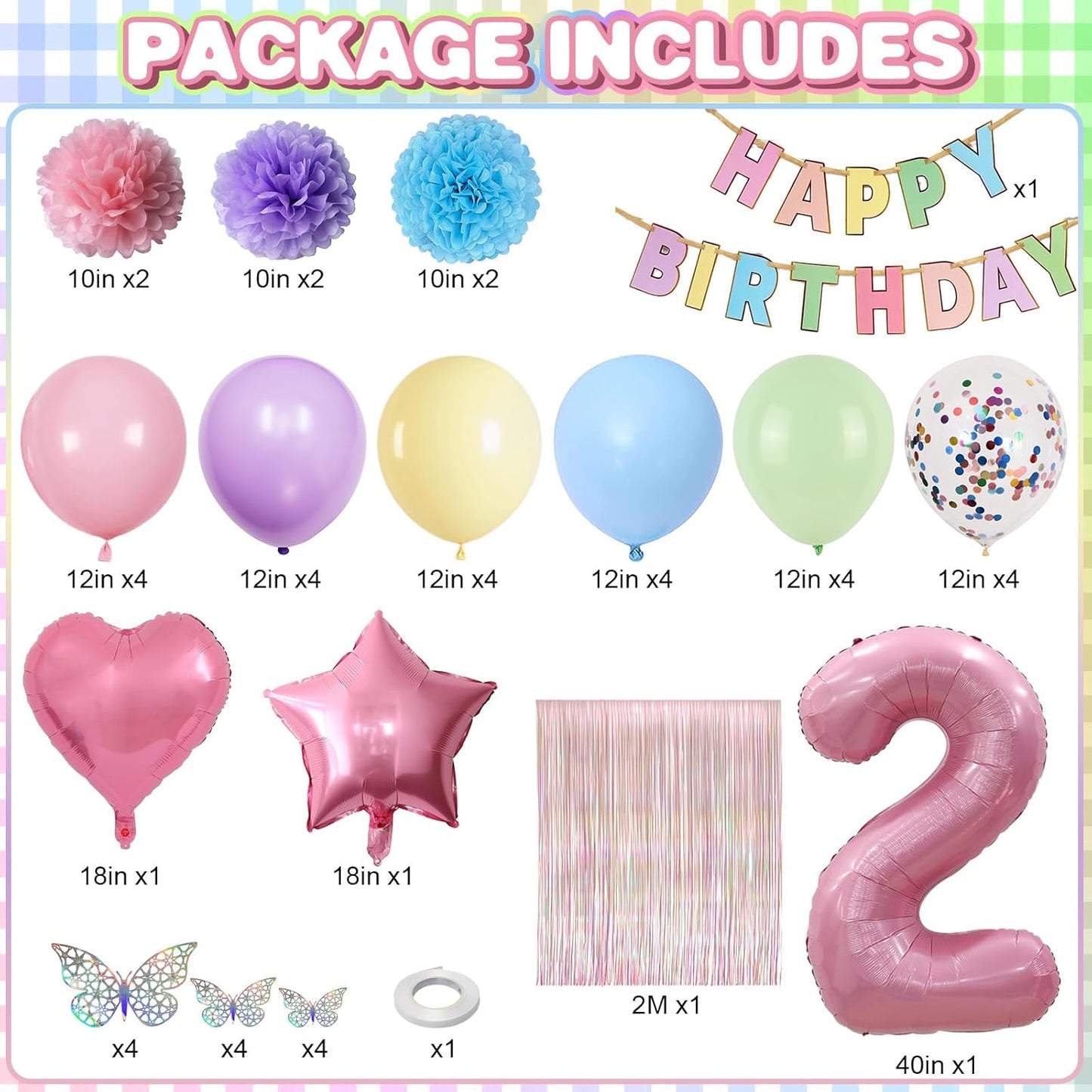 Pastel 2nd Birthday Party Decorations for Girls Number 2 Balloon Happy Birthday Banner Butterfly Stickers Fringe Curtain Paper Pom Poms Macaron Pink Star Foil Colorful Balloons Baby 2 Year Old Decor