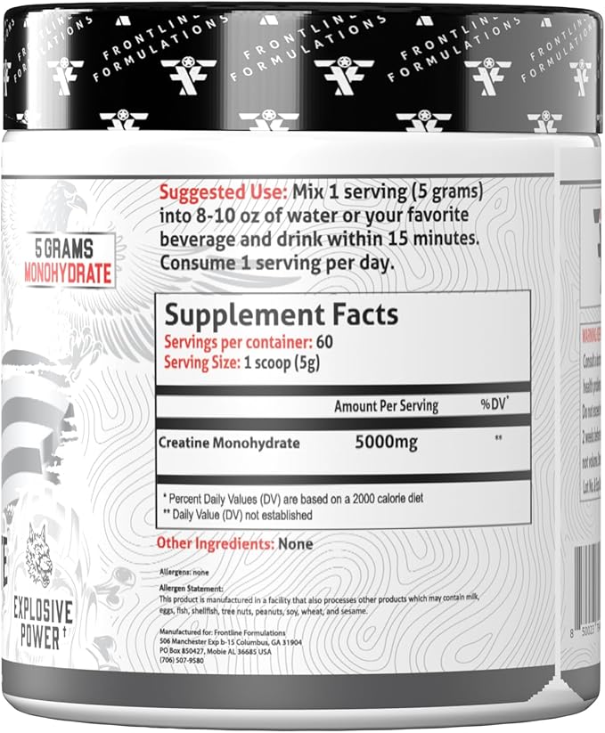 Creatine Monohydrate, Promotes Lean Muscle Growth, Unflavored, Aids Muscle Recovery, Post-Workout Supplement, Veteren Owned and Operated (60 Servings, Creatine Monohydrate)