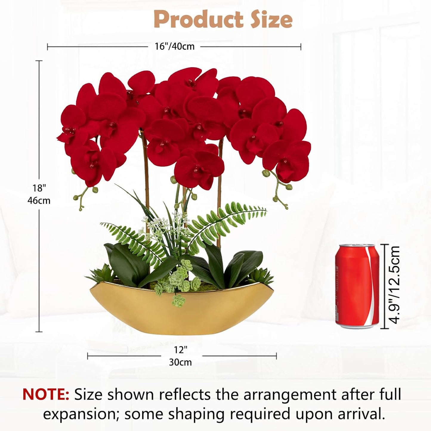 Briful Orchid Artificial Flowers 18in Red Fake Orchid Silk Flowers with Gold Ceramic Vase Faux Phalaenopsis Arrangement for Home Office Room Dining Table Centerpiece Modern Decor