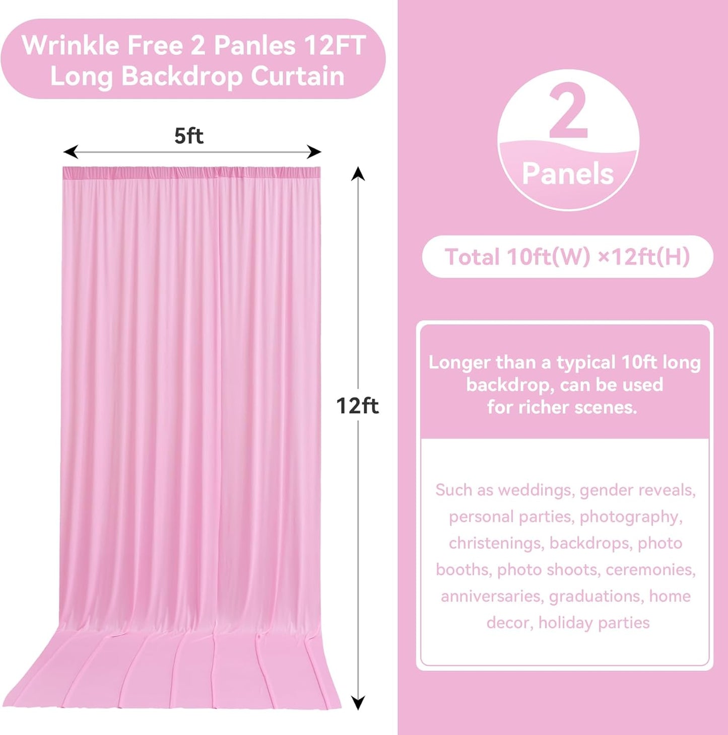 10ftx12ft Wrinkle Free Pink Backdrop Curtain, 2 Panels 12FT Height Pink Wedding Backdrop Drapes, Silky Polyester Back Drop Cloth for Birthday Photography Background Party Backdrop Draping
