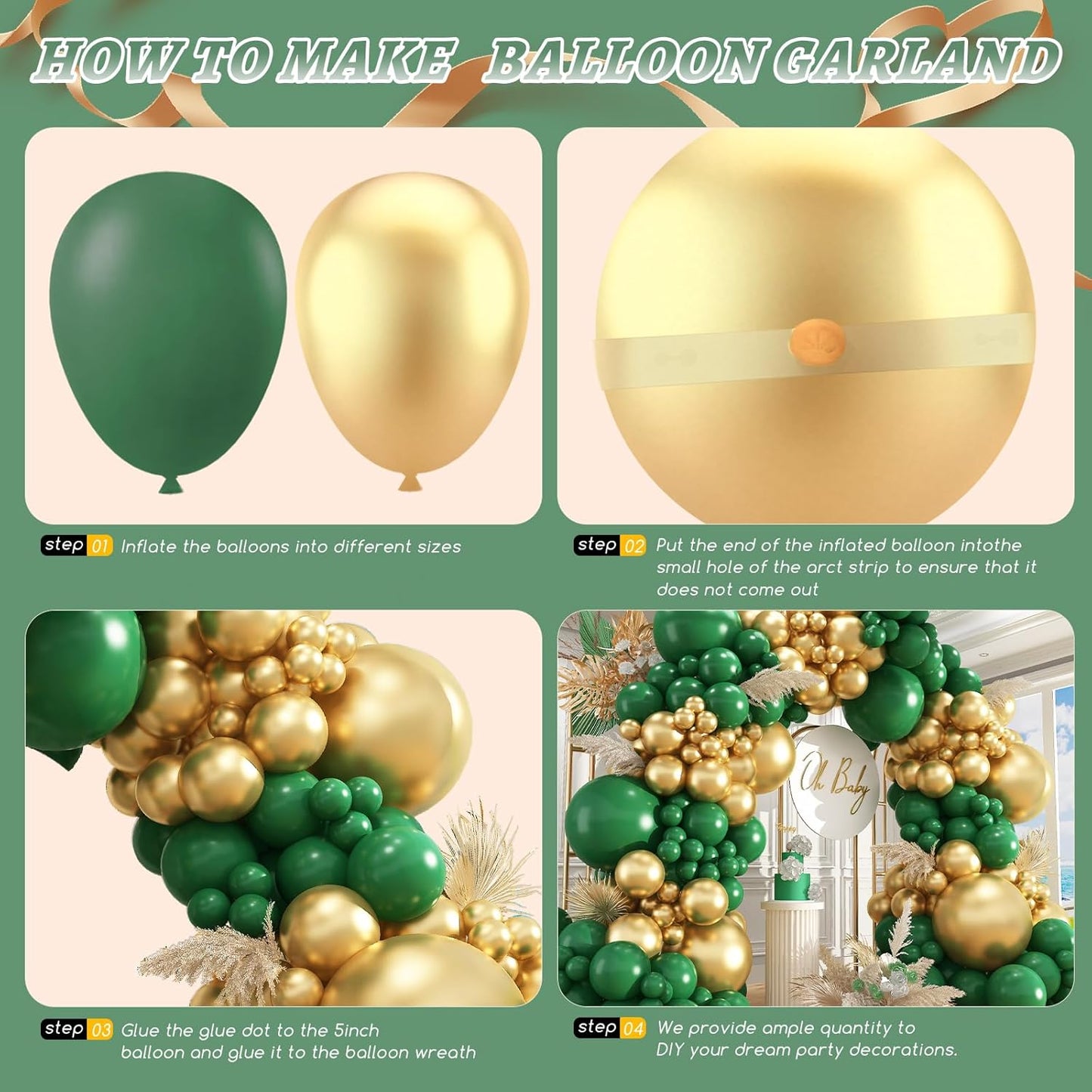 412Pcs Green and Gold Balloon Arch Kit, 18 12 10 5 Inch Different Size Latex Balloons Dark Green and Gold Party Balloons for Birthday Graduation Jungle Party Decorations
