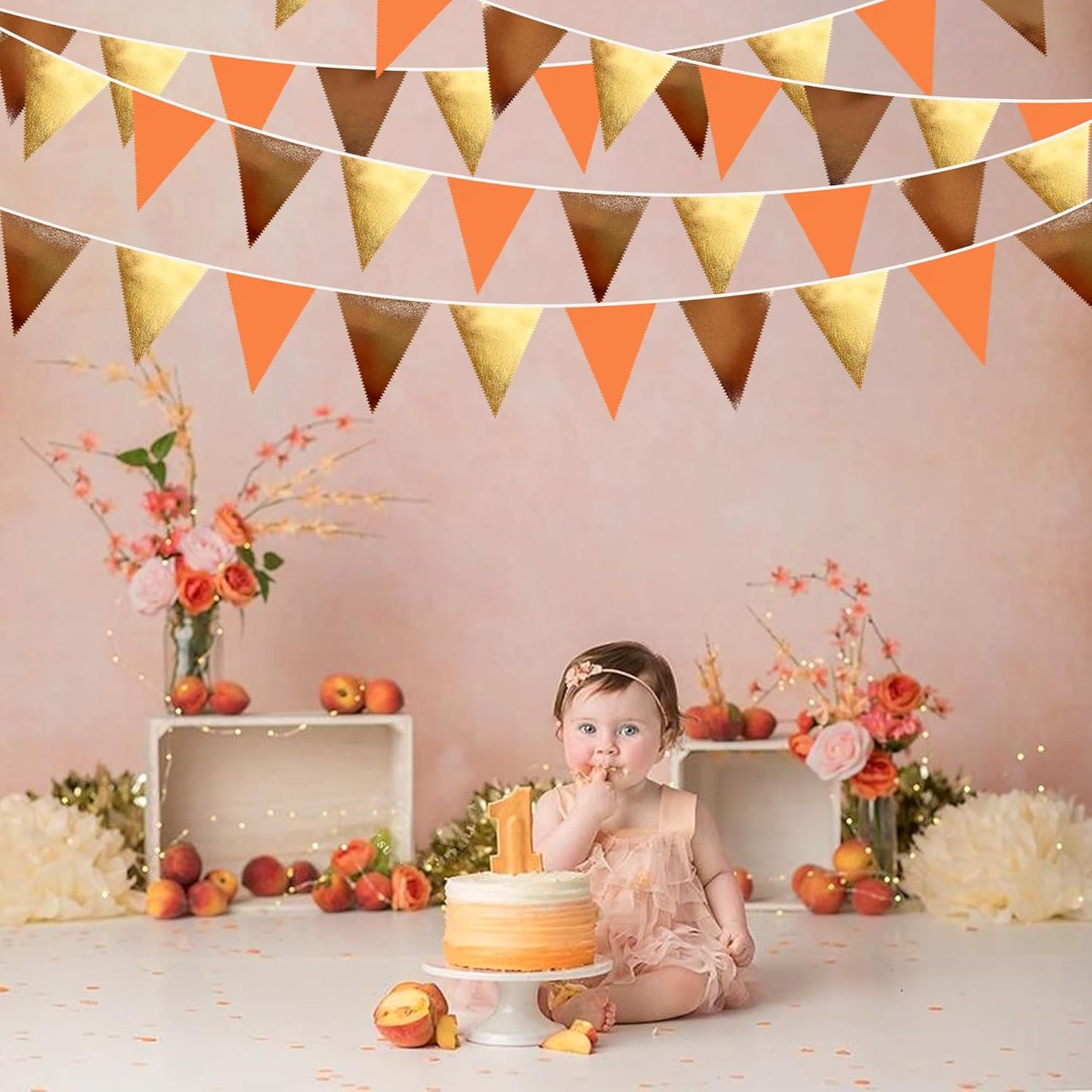 Fall Party Decorations Orange Gold Brown Metallic Fabric Triangle Pennant Banner Flag Bunting Garland for Autumn Fall Thanksgiving Wedding Birthday Bridal Shower Engagement Graduation Party Supplies