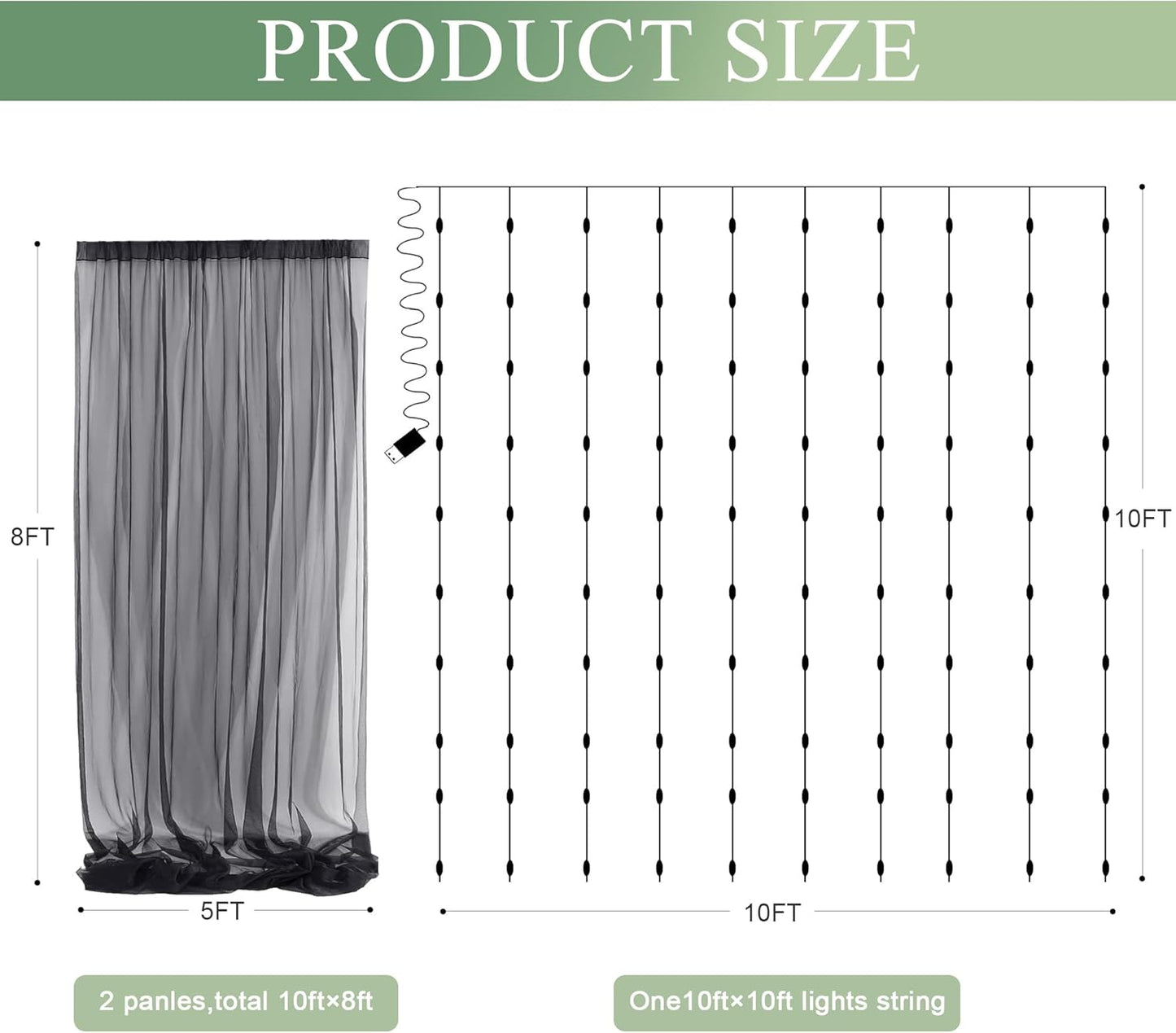 Tulle Backdrop Curtain with Lights String 10FT X 8FT Black Sheer Tulle Backdrop Curtains for Wedding Birthday Party Reception Photo Booth Background Decorations (2 Panels 5x8FT)