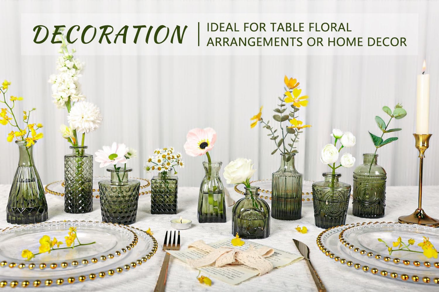 12pcs Glass Bud Vase Set, Small Green Flower Vases for Centerpieces in Bulk, Mini Vintage Vase for Wedding, Home,Table Decoration