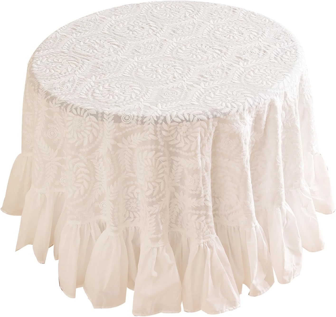 patdrea Vintage Ruffle Tablecloth for Round Tables,Farmhouse Embroidered Cotton White Lace Table Cloth Cover Decor for Dining Room Wedding Banquet Thanksgiving Christmas,Dimaeter 51"