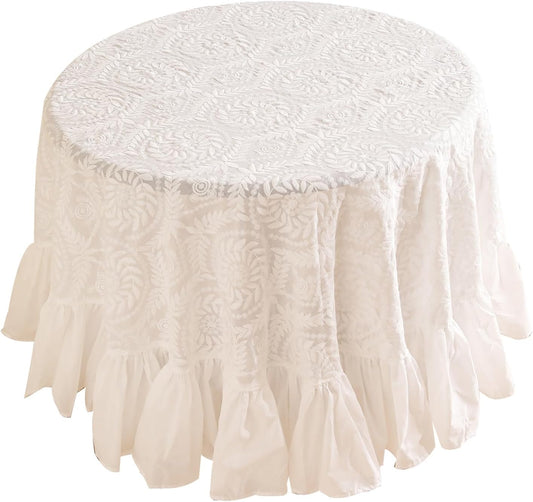 patdrea Vintage Ruffle Tablecloth for Round Tables,Farmhouse Embroidered Cotton White Lace Table Cloth Cover Decor for Dining Room Wedding Banquet Thanksgiving Christmas,Dimaeter 51"