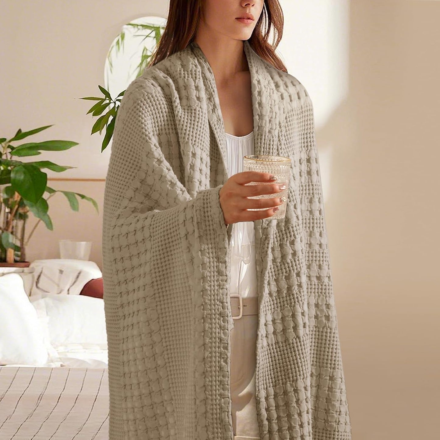 PHF 100% Cotton Waffle Weave Throw Blanket, Soft Lightweight Breathable Cozy Throws for Couch Bed Sofa, Luxury Aesthetic Woven Blanket for Home Decor & Office, 50"x60", Simply Taupe