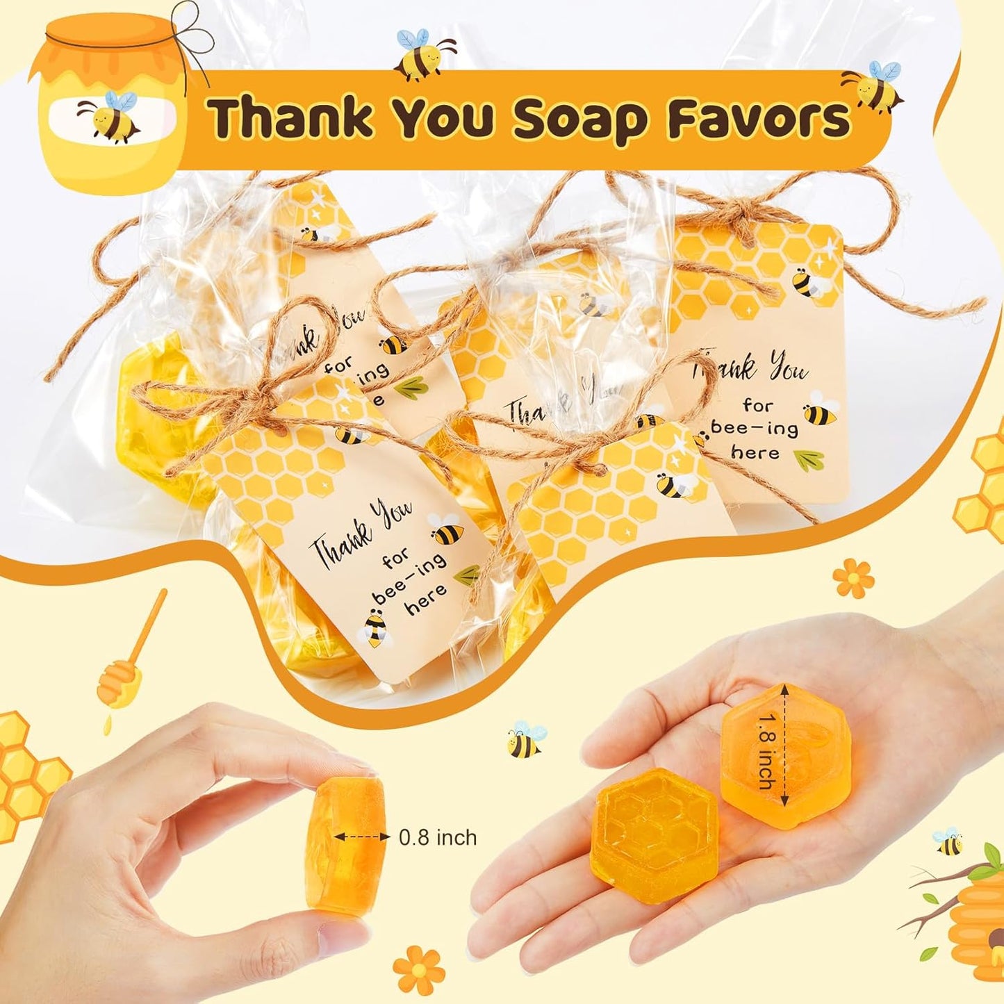 100 Set Baby Shower Favors Bee Party Favors Including Honeycomb Soap with Thank You Card Gift Honey Soap for Guest Gender Reveal Honey Gift Birthday Party Decorations (Yellow)