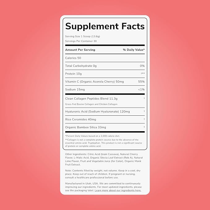Clean Simple Eats Collagen Powder + Beauty Blend, Cherry Ice Flavor, Hydrolyzed Collagen Peptides from Grass Fed Bovine & Chicken, Hyaluronic Acid for Hair, Skin, Nail & Joint Support, 30 Servings
