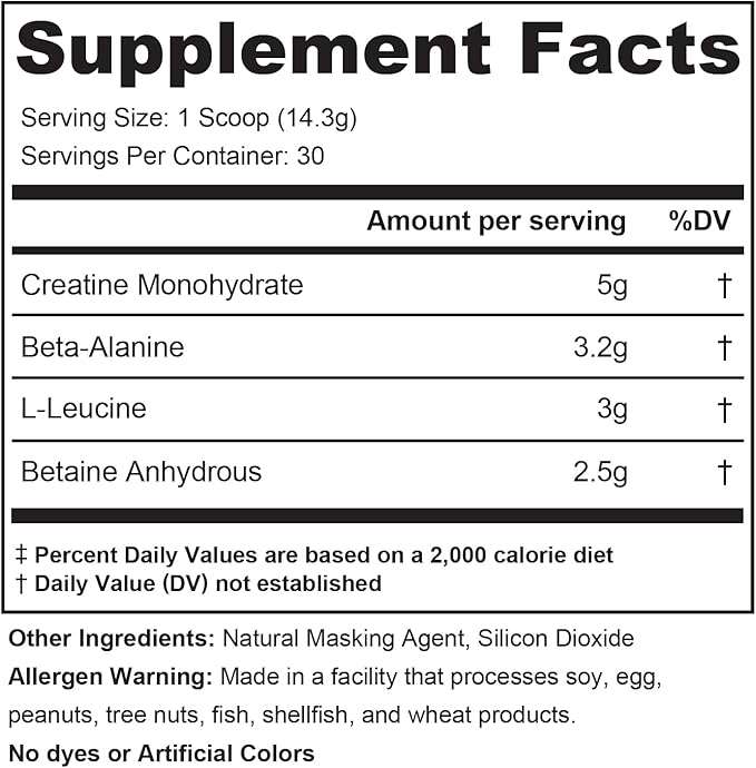 Fundamentals Intra or Post Workout Recovery Drink: 4 Key Ergogenic Aids for Maximum Performance and Muscle Growth: Creatine, Beta-Alanine, Betaine, and Leucine, 30 Servings, Unflavored