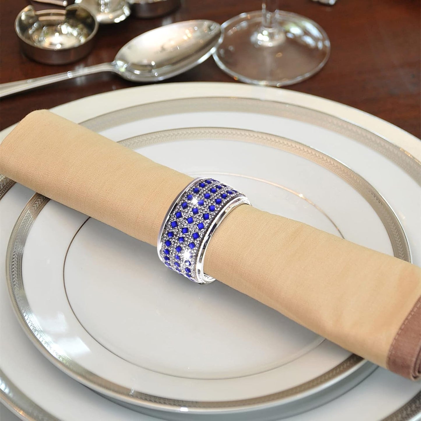 Rhinestone Napkin Ring Diamond Napkin Rings Stainless Steel Blue Crystal Napkin Holder Set of 12 for Dinner, Wedding, Party, Holiday, Banquet,Everyday Table Setting Home Decor