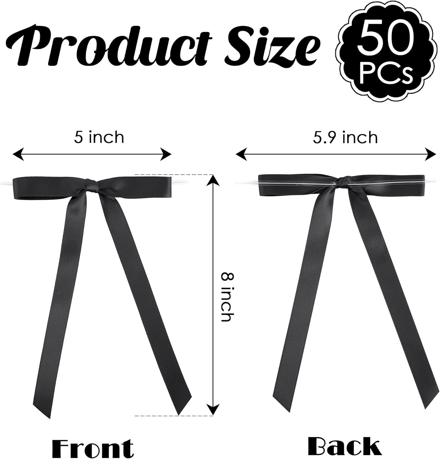 50 PCs Black Bow 5 Inch Long Tail Bows for Gift Wrapping, Easter Bow Party Decorations, Twist Tie Bows, Satin Bows for Crafts, Premade Bows for Presents, Treat Bags, Bottles, Cakes