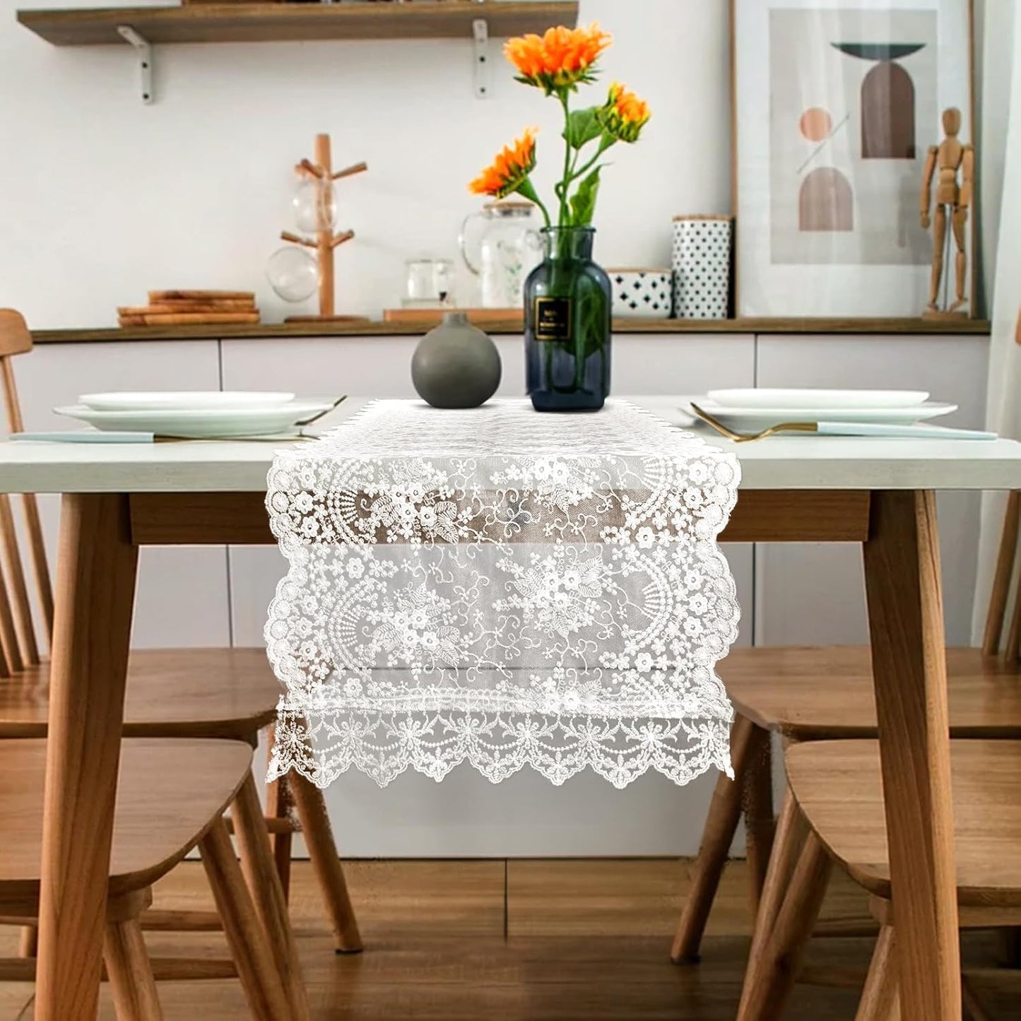 White Lace Table Runner 72 Inches Long,Table Decoration ,Vintage Kitchen Dining Table Decoration ,Table lace Runner, Exquisite Lace Fabric for Wedding /Reception Bridal Shower /Holiday Party