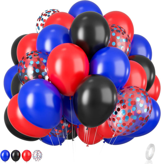 Red Blue Black Balloon Set, 12 Inch Matte Red Black and Royal Blue Latex Balloon with Red Blue Confetti Balloons for Party Boys Birthday Shower Graduation Party Decorations