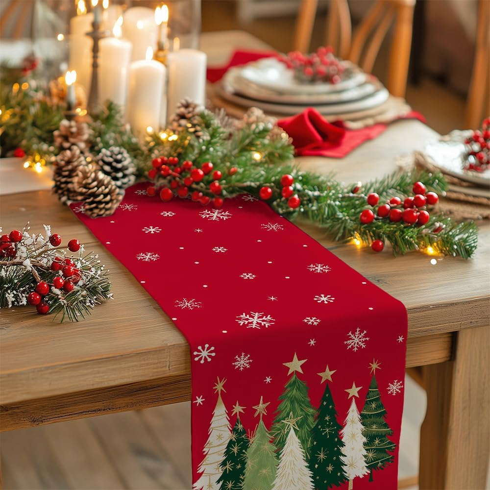 GEEORY Christmas Table Runner 13x120 Inch, Xmas Trees Snowflakes Holiday Decorative Farmhouse Table Decoration for Kitchen Dinning, Indoor Outdoor Dinner Party Decor (Red) GT150-120