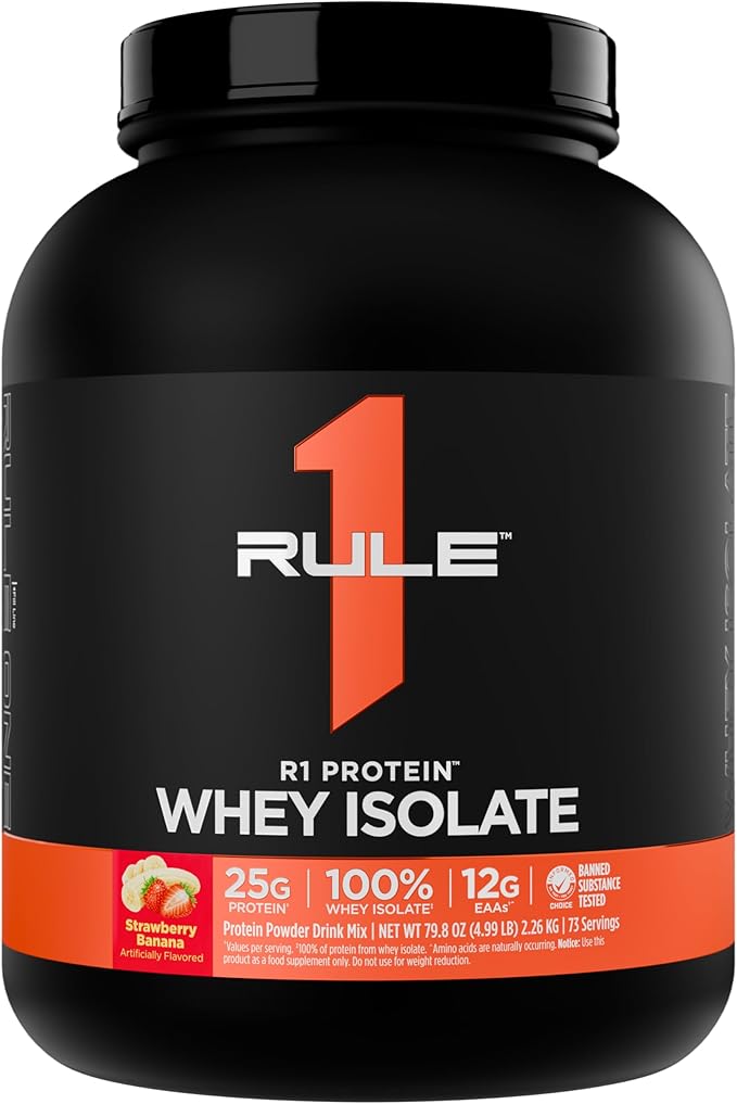 Rule 1 R1 Protein Whey Isolate - with 25g Protein & 6g BCAA Exclusively from Isolated & Hydrolyzed Sources for Workout Recovery (5 Pounds*, Strawberry Banana)
