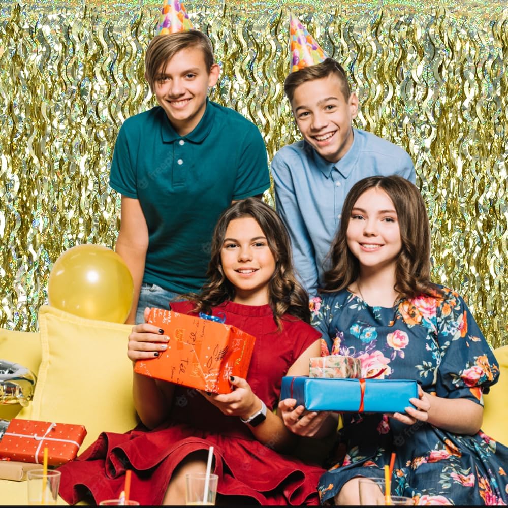 TONIFUL 3Pcs Wavy Metallic Tinsel Foil Fringe Curtains Champagne Gold Streamer Backdrop for Photo Booth Props,Party Door Wall Curtains Bachelorette Wedding Birthday New Year Decor (9.9ft x 6.6ft)