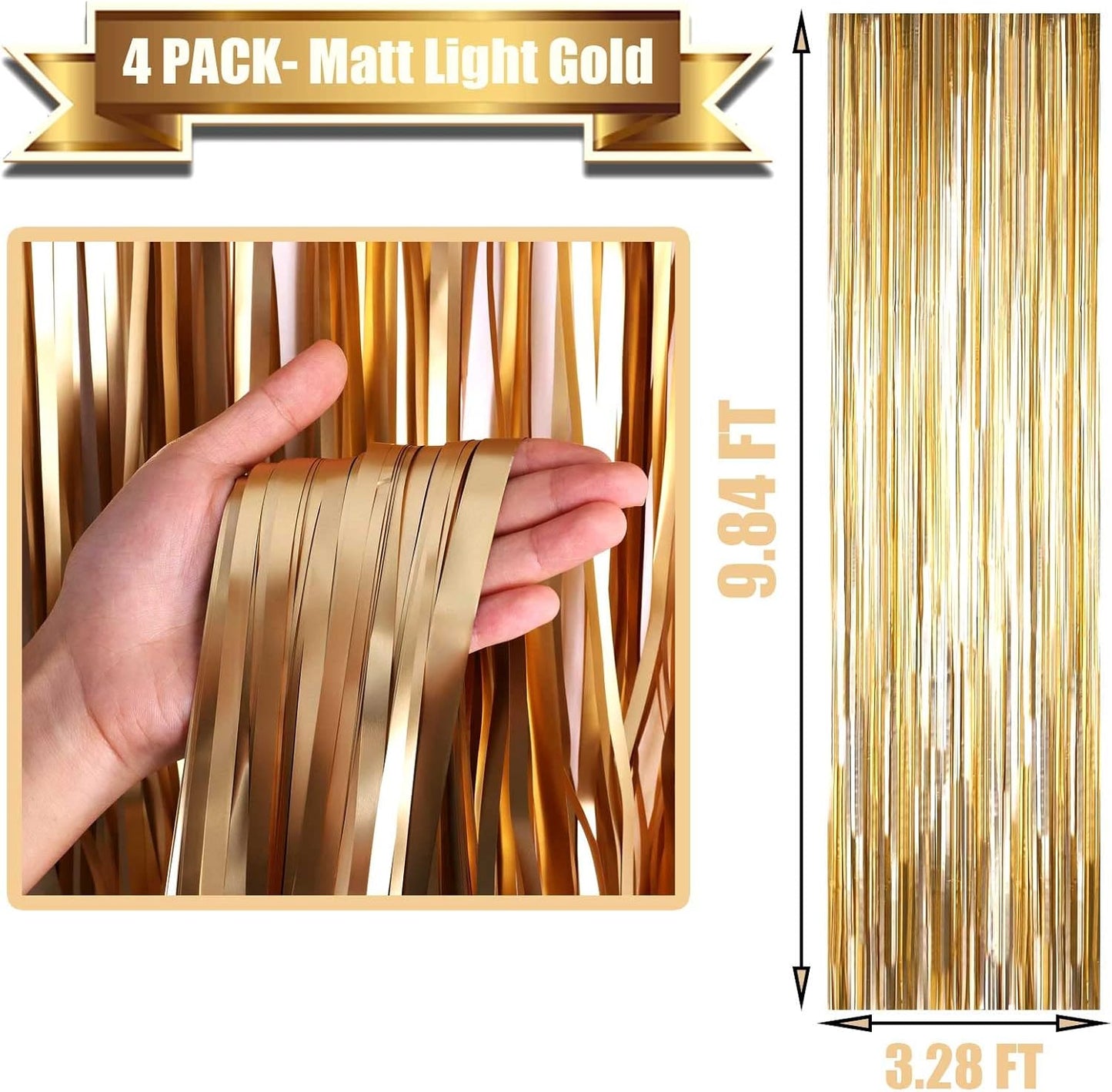 4 Pack Champagne Gold Foil Fringe Curtain Backdrop, 3.3Ft x 9.8Ft Metallic Tinsel Foil Streamers Curtains for Photo Booth, Wedding, Thanksgiving, Birthday, Christmas, Halloween Party Decoration
