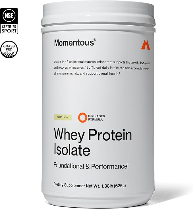 Momentous Essential Grass-Fed Whey Protein Powder - 20 g Whey Isolate Protein - NSF Certified for Sport - Gluten-Free - 24 Servings for Essential Everyday Use - Vanilla - Package May Vary