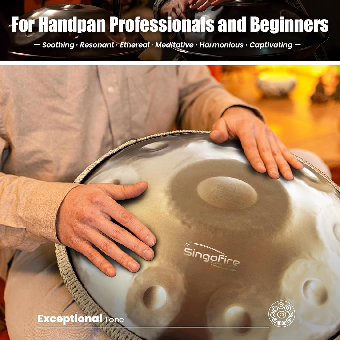 "SINGOFIRE" Handpan Drum, Handpan Drums for Adults, 22-Inch 432Hz D Minor Kurd Handpan, HandPan Instrument (Gold-10Notes（432HZ）, 22-Inch)