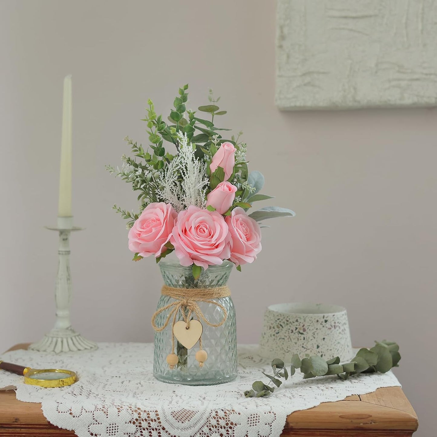 Faux Flowers with Vase,Artificial Silk Roses in Vase, Fake Plant Eucalyptus Flower Arrangement for Home Office Farmhouse Bathroom Dining Table Centerpiece Decorations Coffee Table Decor (Pink)