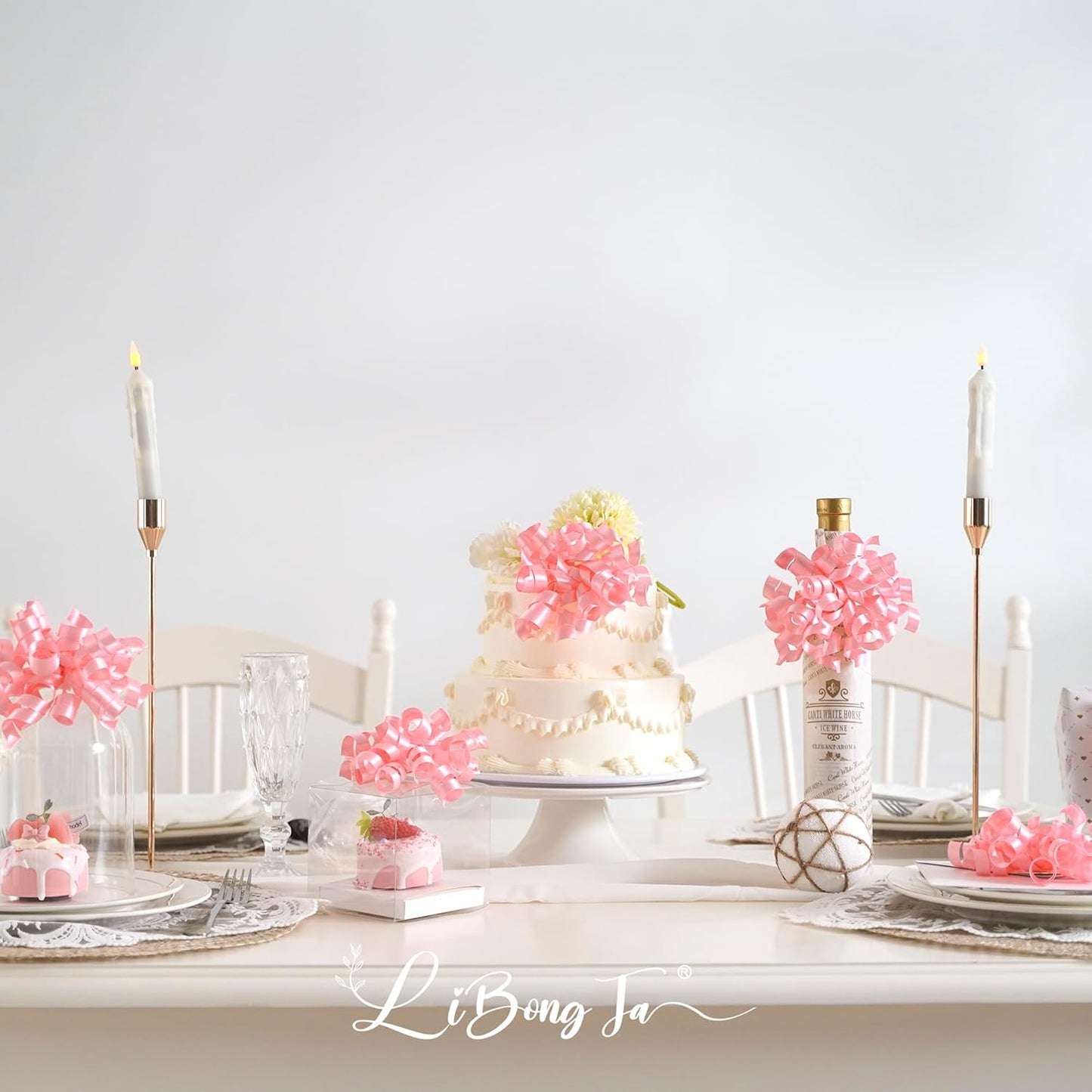 5 Inch Baby Pink Gift Bow Curly Ribbon Bows Set of 8, Double Faced Satin Ribbon Bow Premade Self Adhesive Bow Decorations for Party, Wedding, Holiday, Bows for Crafts, Wine Bottle, Presents