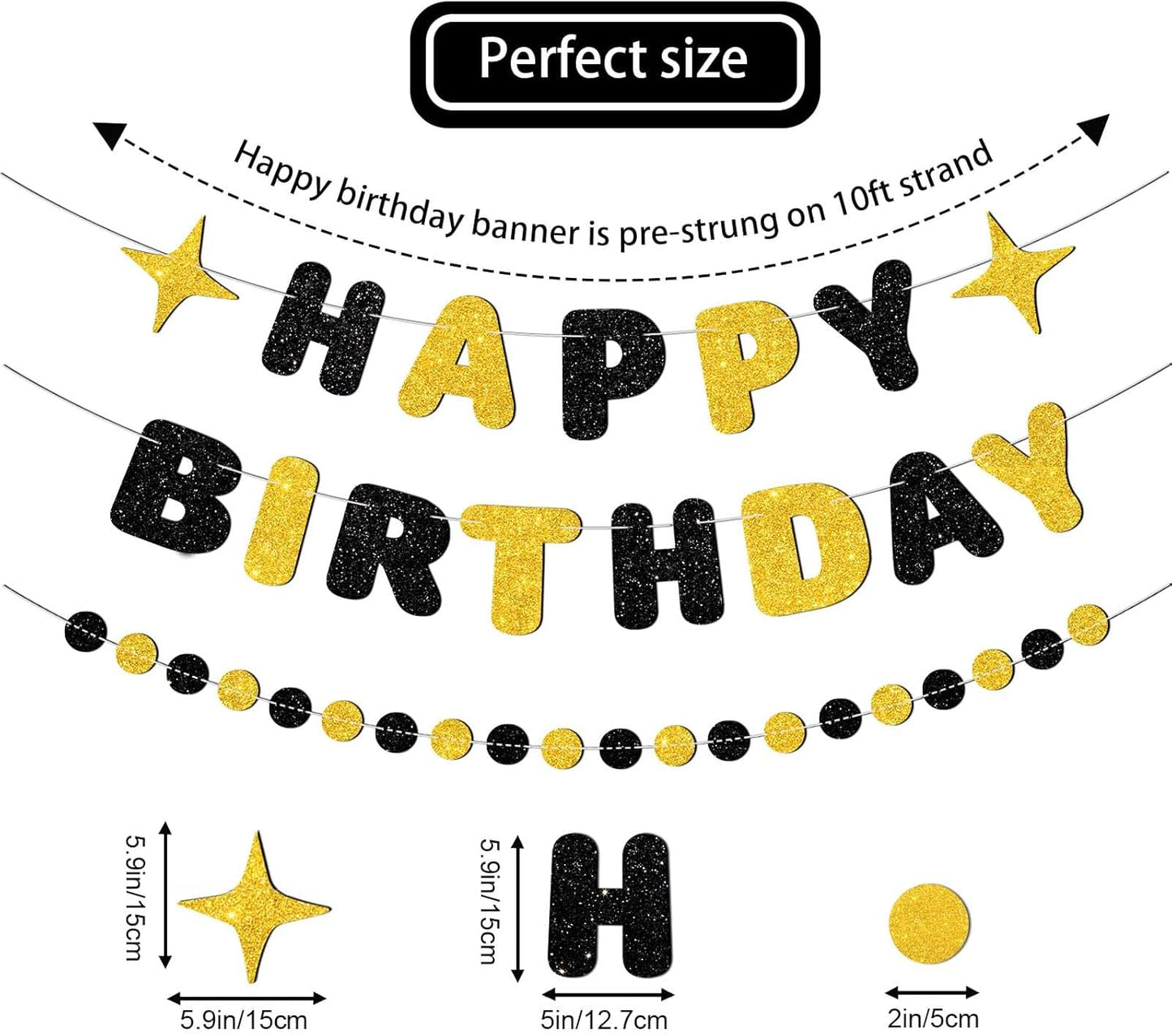 Black and Gold Happy Birthday Banner-Happy Birthday Decorations for Men Women Boys Girls Glitter Garland Birthday Sign for 30st 40st 50th 60st Party Decor, Backdrop Supplies