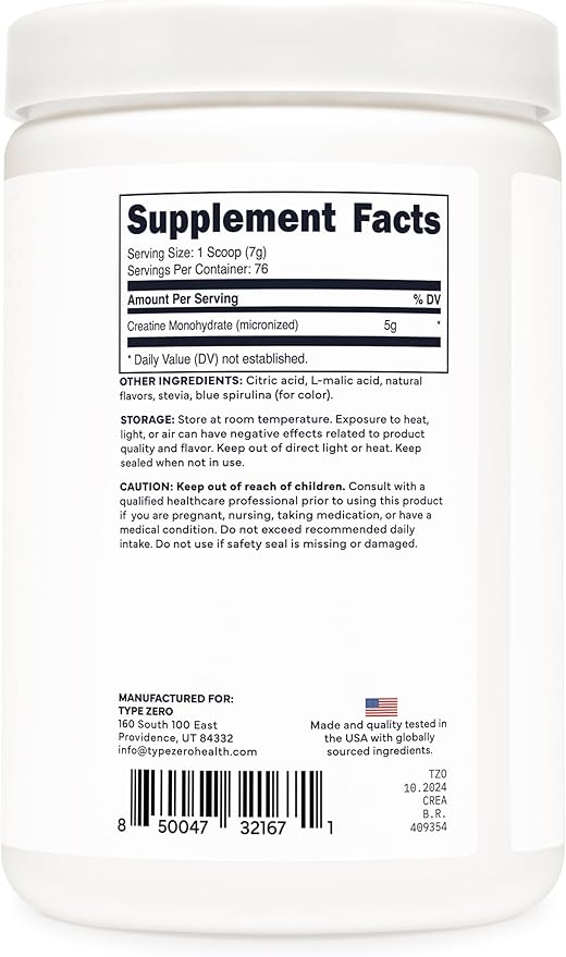 Type Zero Creatine Monohydrate Powder 500 Grams, Blue Raspberry Flavor - Gluten-Free