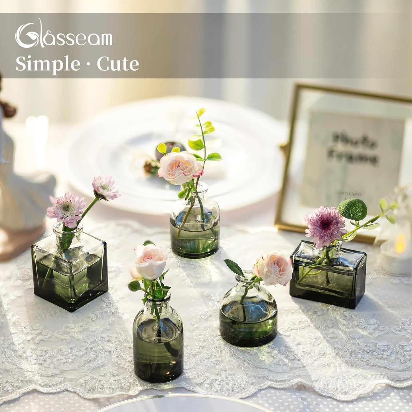 Glasseam Mini Bud Vases for Centerpieces: Clear Small Flower Vase Set of 20 Cute Tiny Glass Table Centerpieces Modern Wedding Birthday Party Baby Shower Dining Room Decoration Green